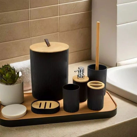 Conjunto 6 Peças Pra Banheiro PRETO Bambu Saboneteira Conjuto Lavabo Lixo De Banheiro